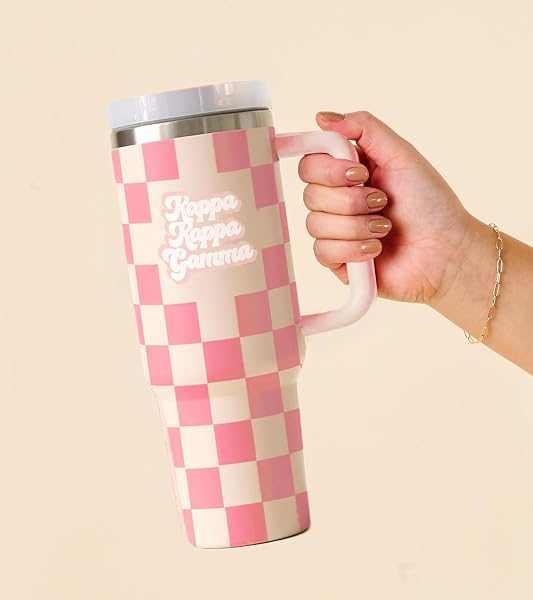 THE DARLING EFFECT PI BETA PHI 40OZ TUMBLER WITH HANDLE & 4 MATCHING STRAWS – PINK CHECKERED STAINLESS STEEL TRAVEL CUP WITH LID – SORORITY GIFT FOR SISTERS
