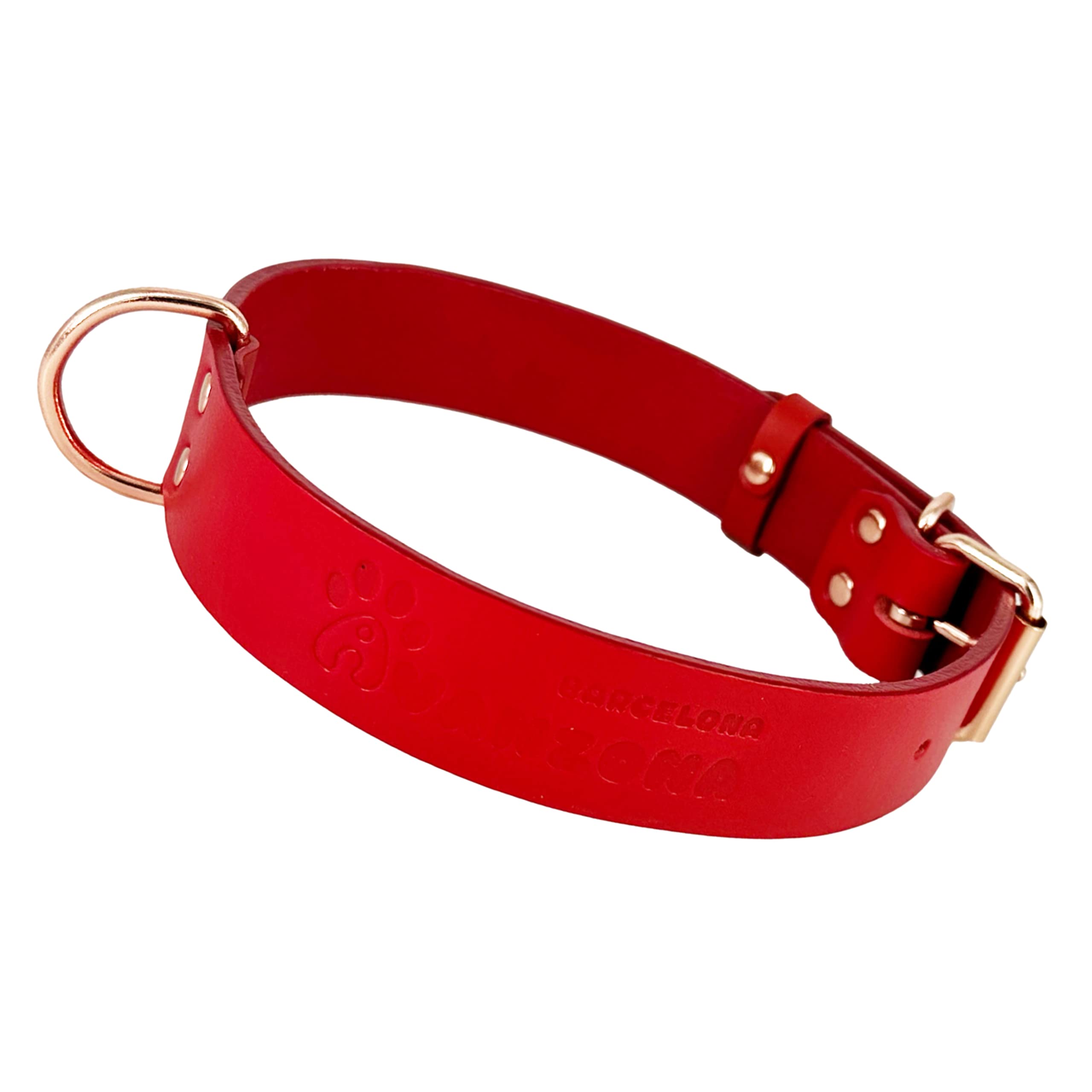 AVANZONA Dog Collar Leather, Quality Soft Leather, Handmade in Spain, Small Medium Large Dog. Red and Rose Gold.