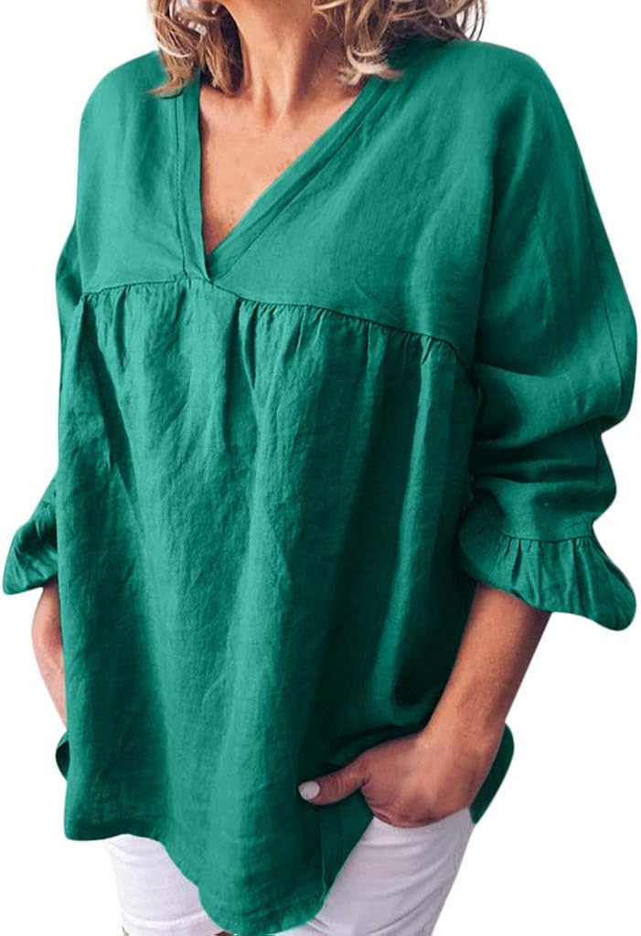 Leinenbluse Damen Sommer - V-Ausschnitt Tunika Aus Baumwolle Leinen