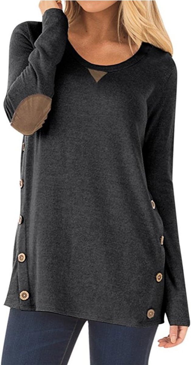 Womens Side Buttons Long Sleeve Casual Crew Neck Elbow Patched Loose T Shirt Blouses Tunic Tops