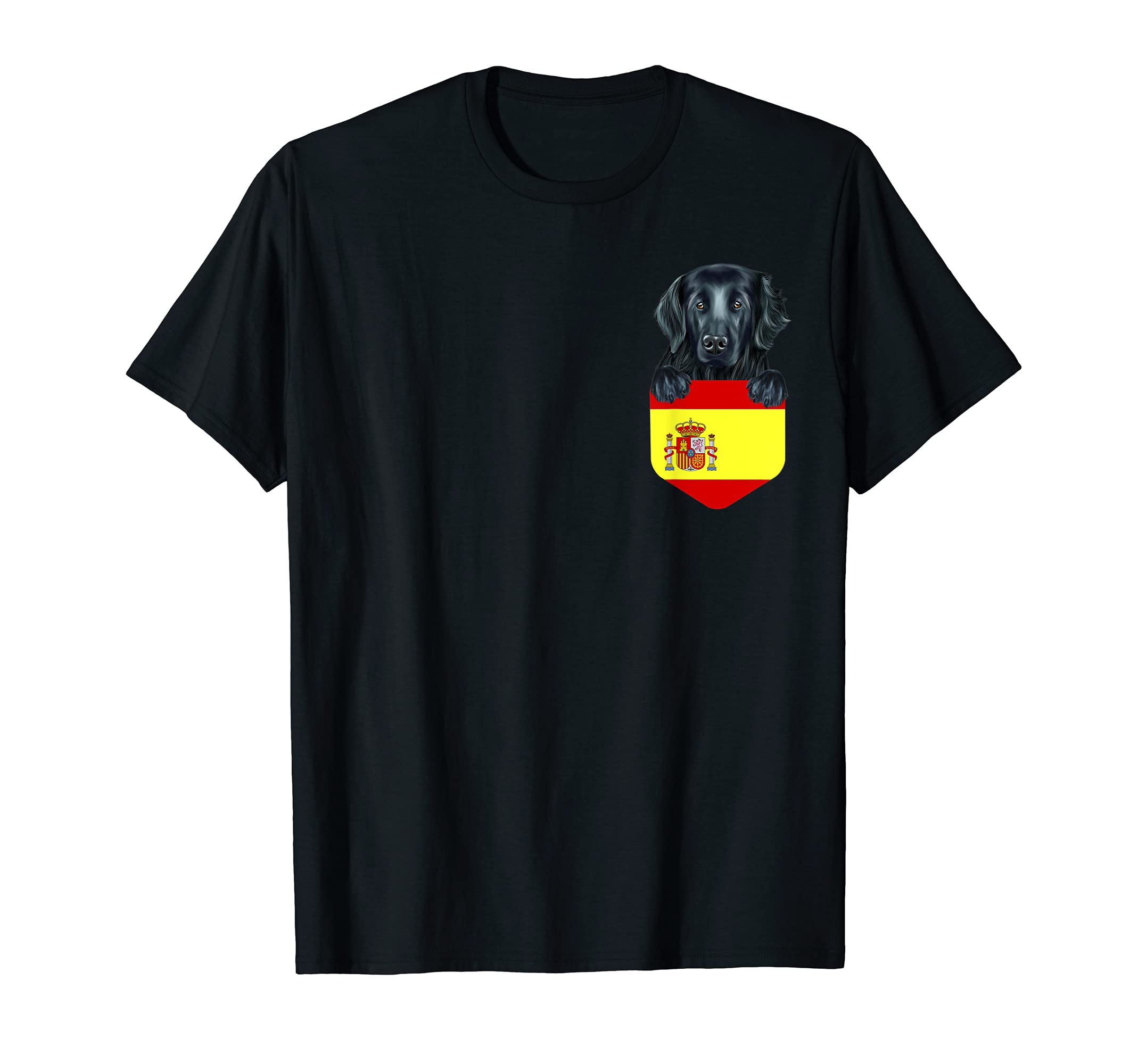Spain Flag Flat-Coated Retriever Dog In Pocket T-Shirt