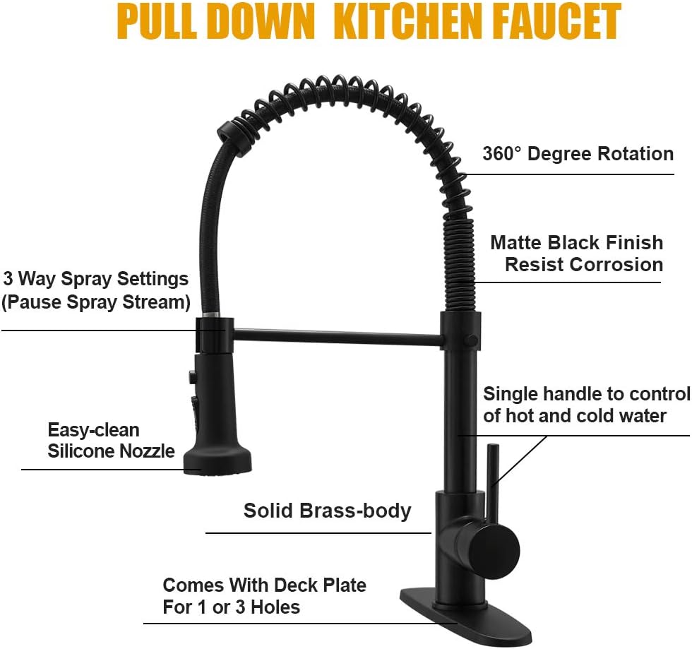 BESy Commercial Kitchen Faucet with Pull Down Sprayer, High-Arc Single Handle Single Lever Spring Rv Kitchen Sink Faucet with Pull Out Sprayer, 3 Function Laundry Faucet, Matte Black - - 