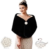 Jadive Women's Faux Fur Shawl Wrap Fake Fur Stoles Scarf Shrug Bridal Winter Wedding Evening Dress with 2 Rhinestone Brooches