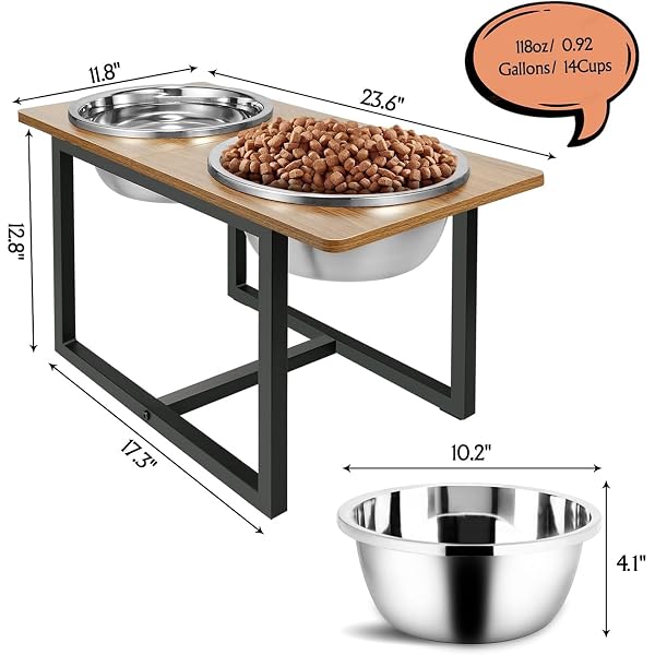 SPACNOM ELEVATED DOG BOWLS FOR LARGE DOGS, RAISED DOG BOWL STAND WITH TWO X-LARGE STAINLESS STEEL BOWLS FOR DOGS, 3.5L CAPACITY, RUSTIC WALNUT