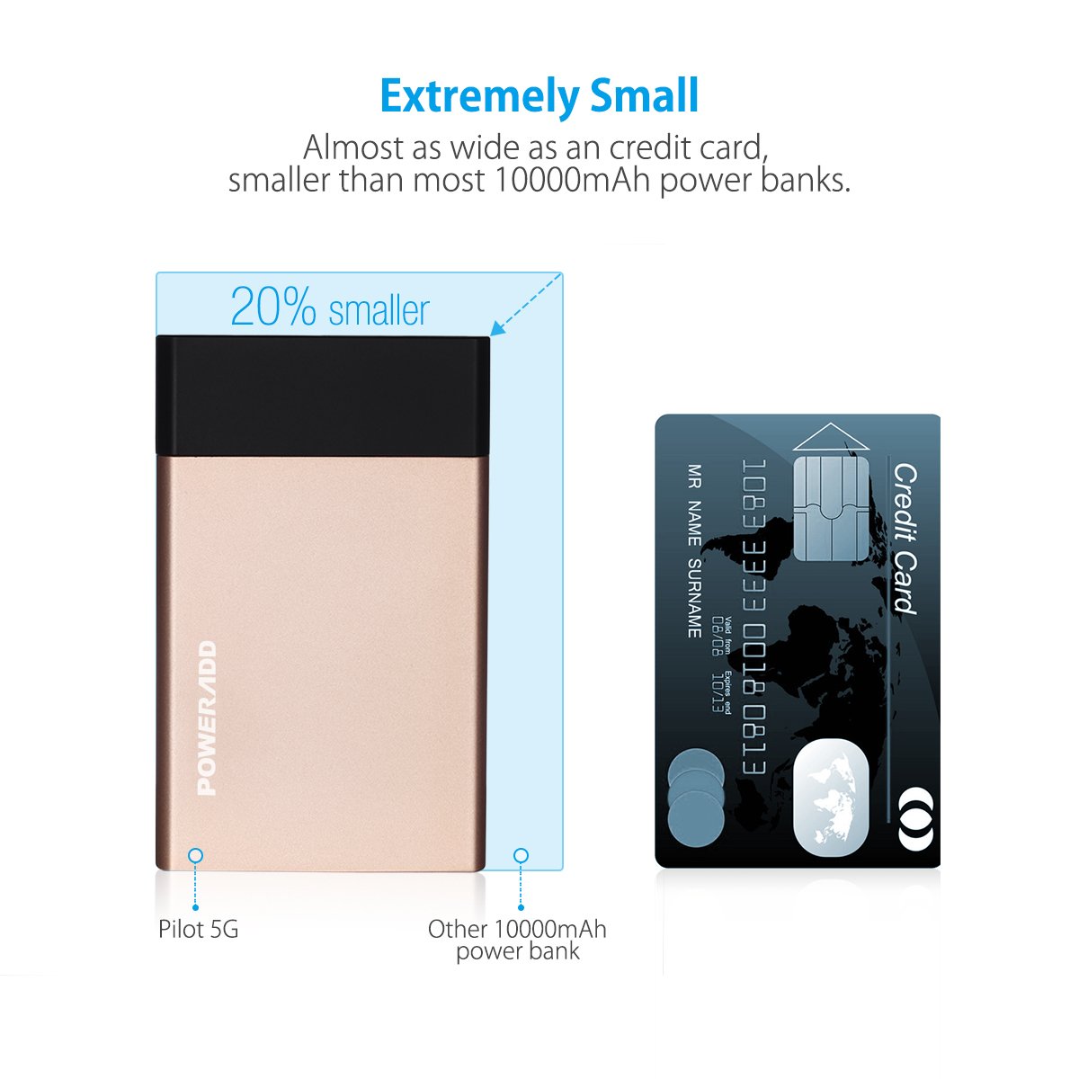 Portable Charger, Poweradd Pilot 5G 10000mAh Aluminum Alloy Power Bank 3.4A Fast Charger with Smart Charge for iPhone, iPad, Samsung, LG and Other 5V Devices - Limited Golden