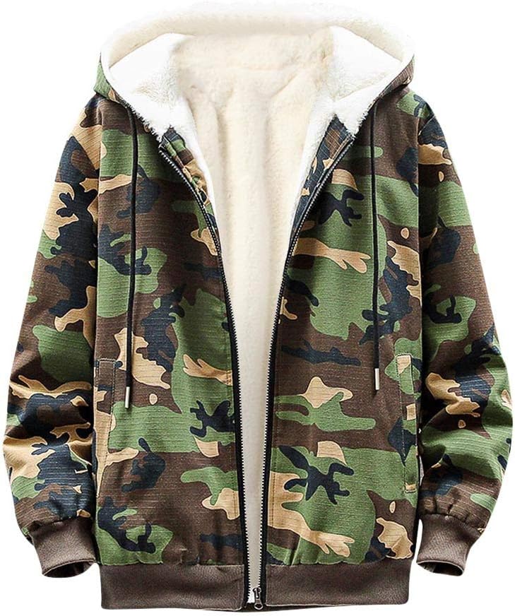 jiumoji Men's Winter Casual Camouflage Jacket Soft Fleece Outwear Thermal Warm Hoodie Coat Active Sports