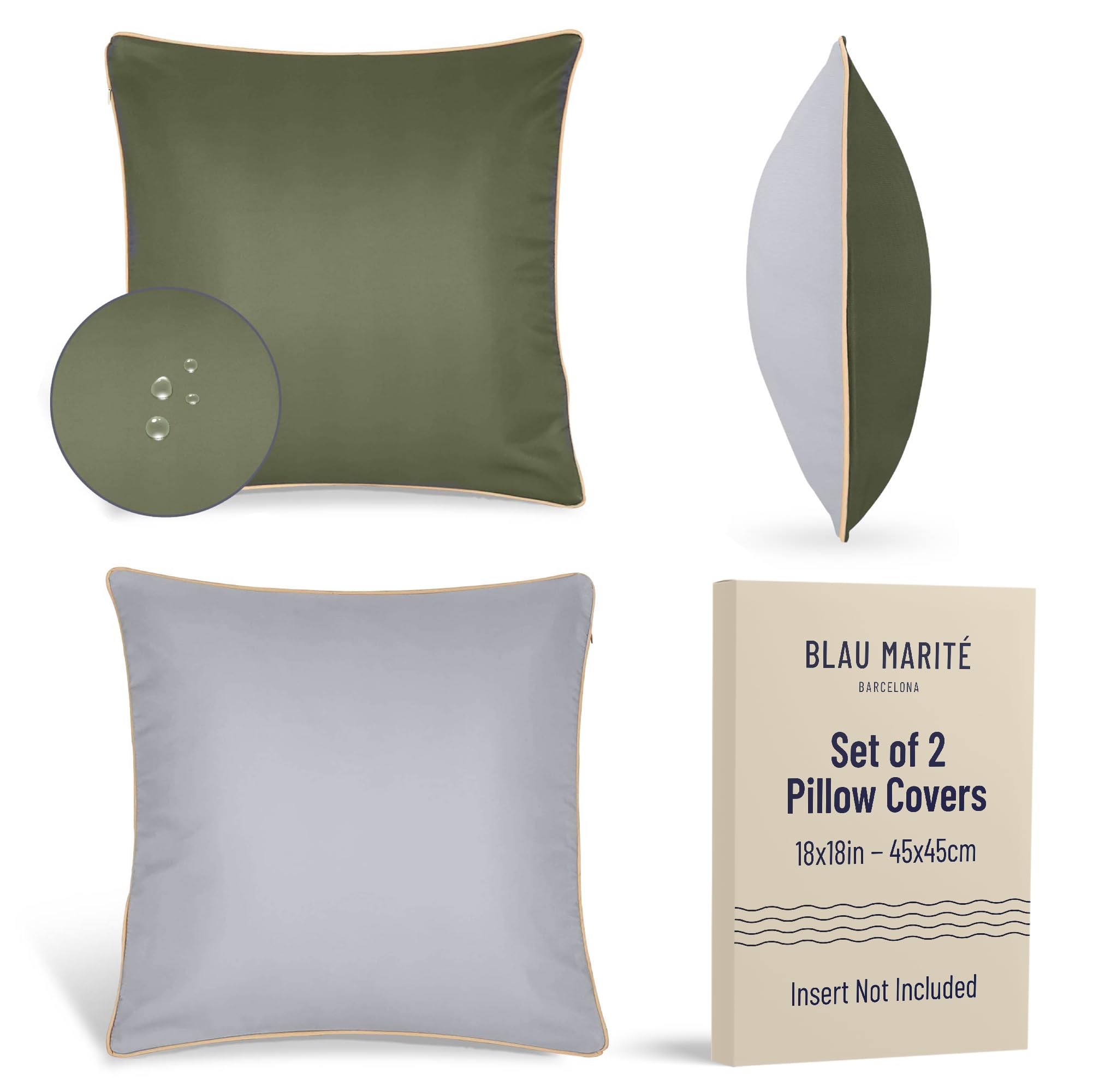 Blau Marité Set 2 Decorative Cushion Covers. Waterproof and anti-stain. Soft and cozy. For indoor and outdoor decoration. Model MEDITERRANEO. (Green, 18x18 (45x45cm))