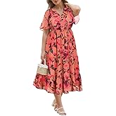 RITERA Plus Size Summer Dresses Short Sleeve V Neck Flowy Midi Dress Chiffon Boho Floral Beach Party Wedding Guest Dress