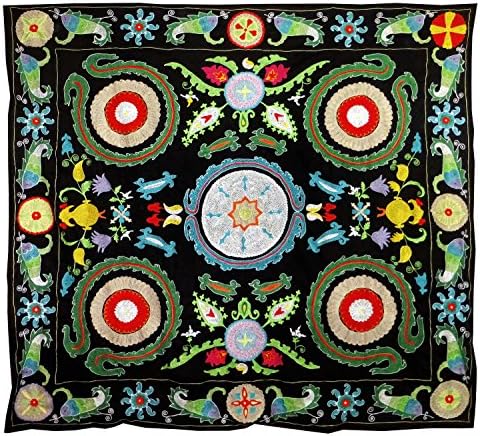 UZBEK SILK EMBROIDERED SUZANI ANCIENT SYMBOLICAL DESIGN WITH MELON SPROURS &amp; LAMPS FROM SAMARKAND A11546