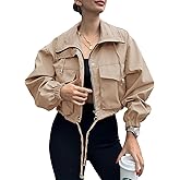 JINZHAO Womens Cropped Bomber Jacket Lightweight Military Fall Utility Safari Zip Up Anorak Coat with Pockets