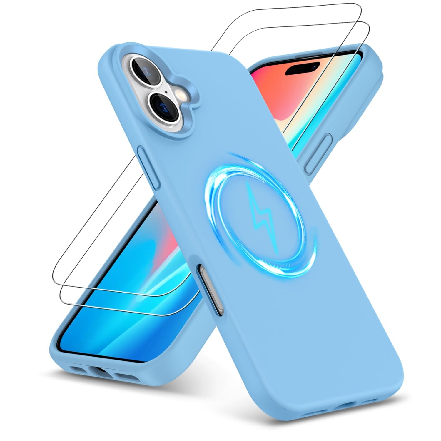 PIXFAB for iPhone 16 Case with 2 x Screen Protector Tempered Glass, [Compatible with Magsafe] Liquid Silicone Shockproof Armour Protective [Soft Touch] Rubber Gel Phone Cover - Sky Blue