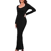 LUOFEN Long Sleeve Maxi Dress for Women Formal Ruched Bodycon Sweetheart Neckline Ribbed Knit Elegant Dresses 2025