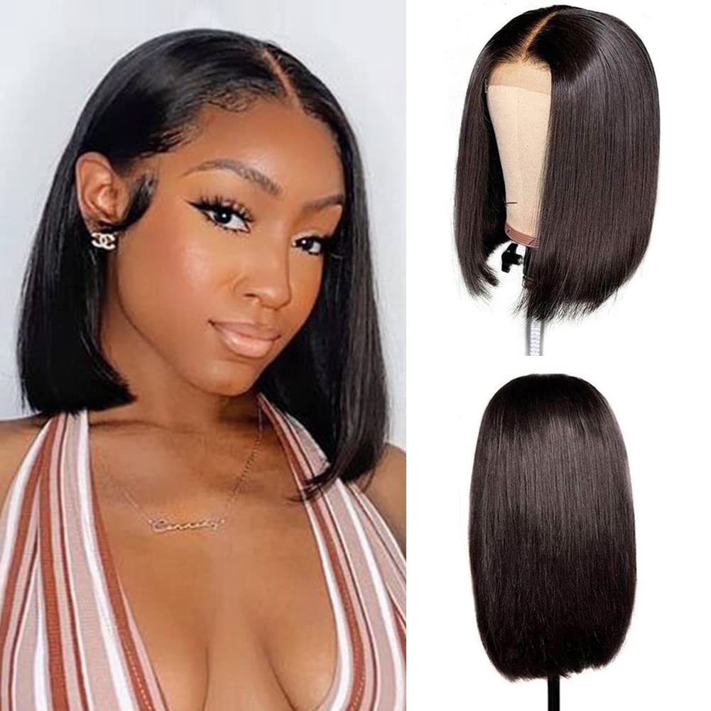 DÉBUT Straight Bob Wigs Human Hair T Part Lace Front Bob Wig Pre Plucked with Baby Hair 150% Density Brazilian Virgin Hair for Black Women(10 Inches, Natuarl Black)