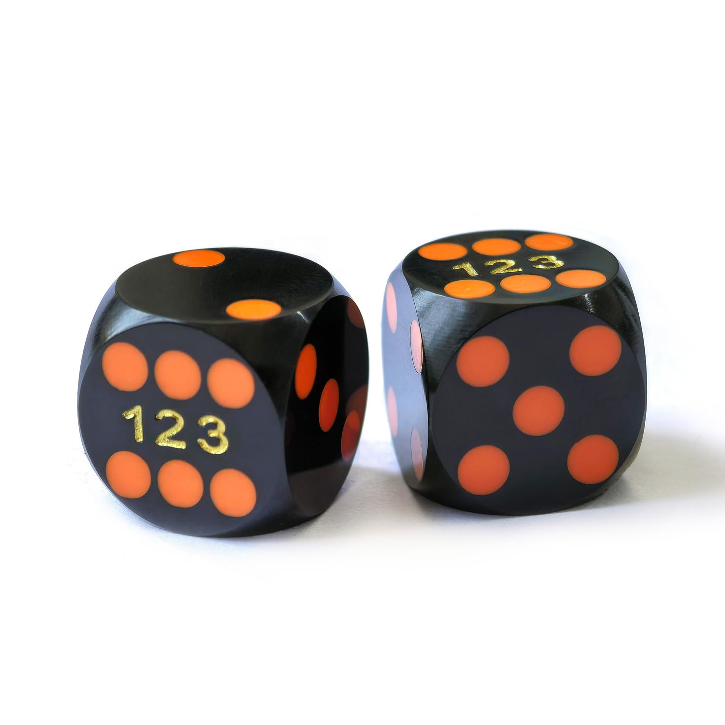 Bescon Professional Precision Dice Round Corner 9/16" (14.3mm) with Colorful Dots, Colored Dots Precision Backgammon Dice 14.3MM (Black Dice with orange dots)