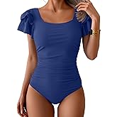 Eomenie Women's Tummy Control One Piece Swimsuit Ruffle Square Neck Bathing Suit Ruched Cutout Back Slimming Swimwear