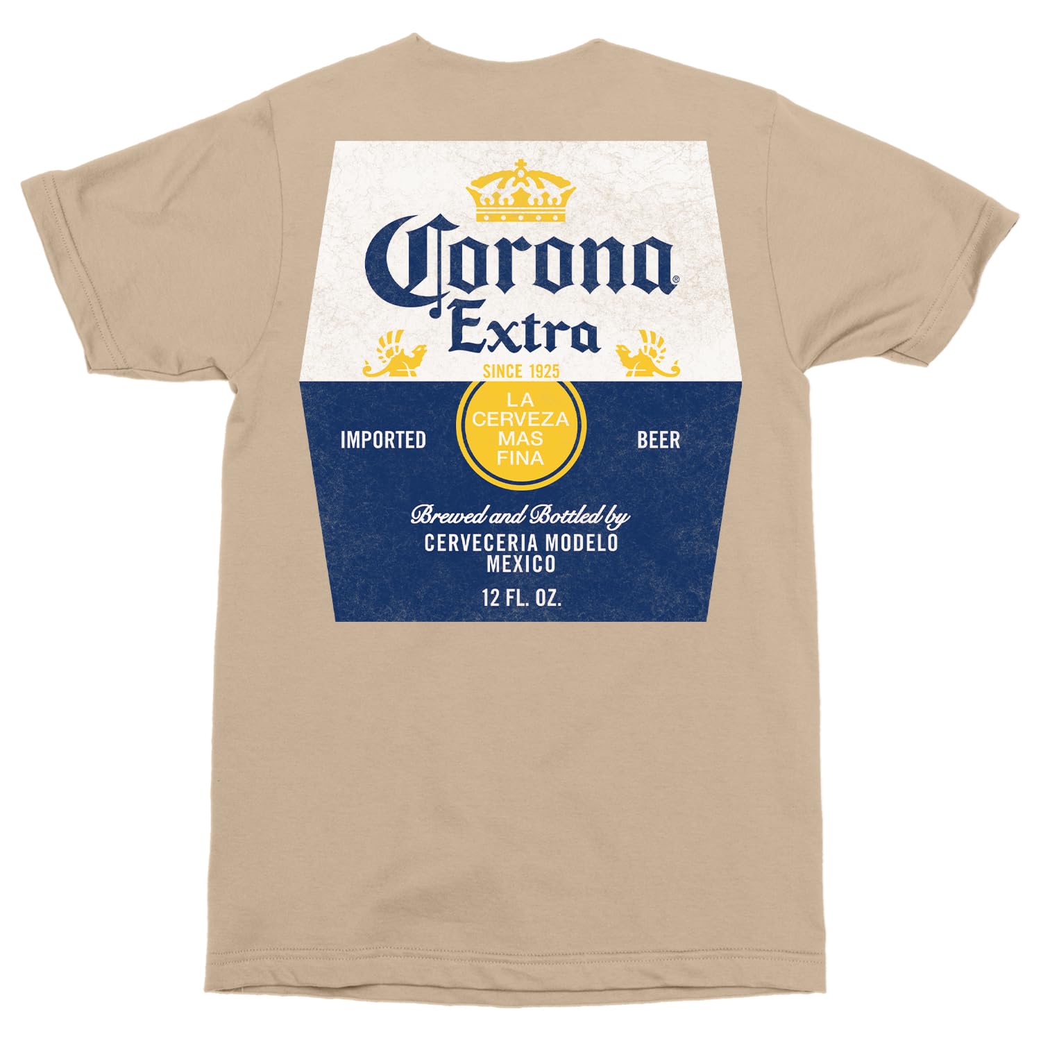 Photo 1 of 2Bhip Corona Extra Beer Label Front & Back Print Mens Sand Short Sleeve Vintage Style Graphic T-Shirt - Large