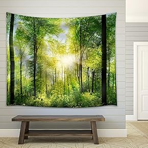Panorama of a Scenic Forest of Fresh Green Deciduous Trees with The Sun Casting Its Rays of Light Through The Foliage - Fabric Wall Tapestry Home Decor - 51x60 inches