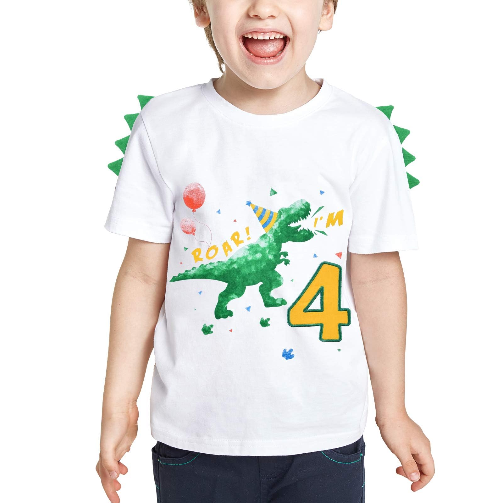 Photo 1 of WAWSAM Dinosaur 4th Birthday Shirt Toddler Boy Four Year Old Dino B-Day T-Shirt Dinosaur Outfit Cotton White Dino Party Shirt
