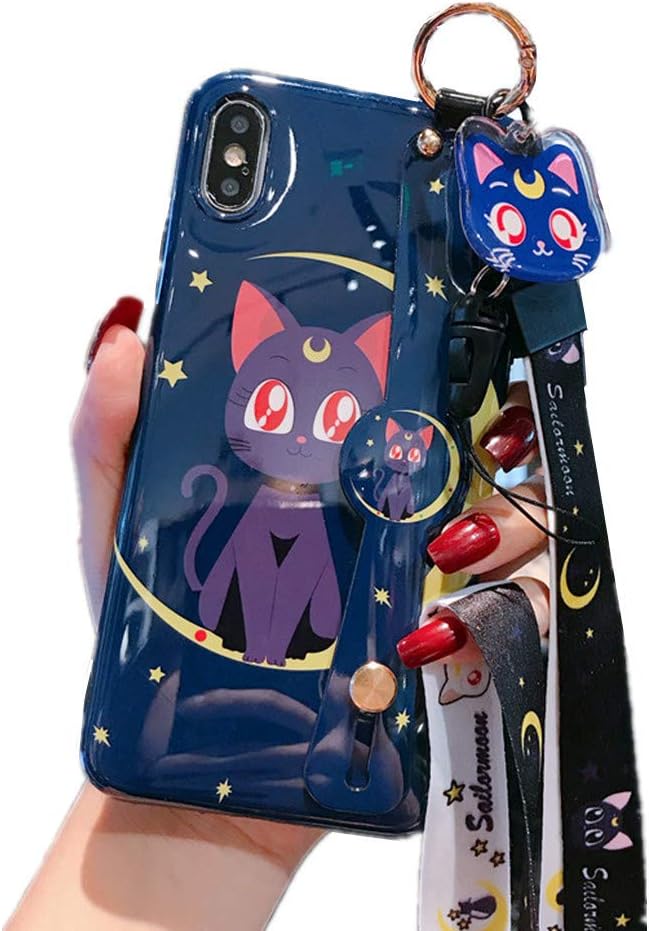 for iPhone 6 Case, for iPhone 6s Cover, Japan Anime Sailor Moon Case with Lanyard Strap Silicone Soft Phone Case Back Cover for iPhone 6 6S (Luna Cat, for iPhone 6/6s)