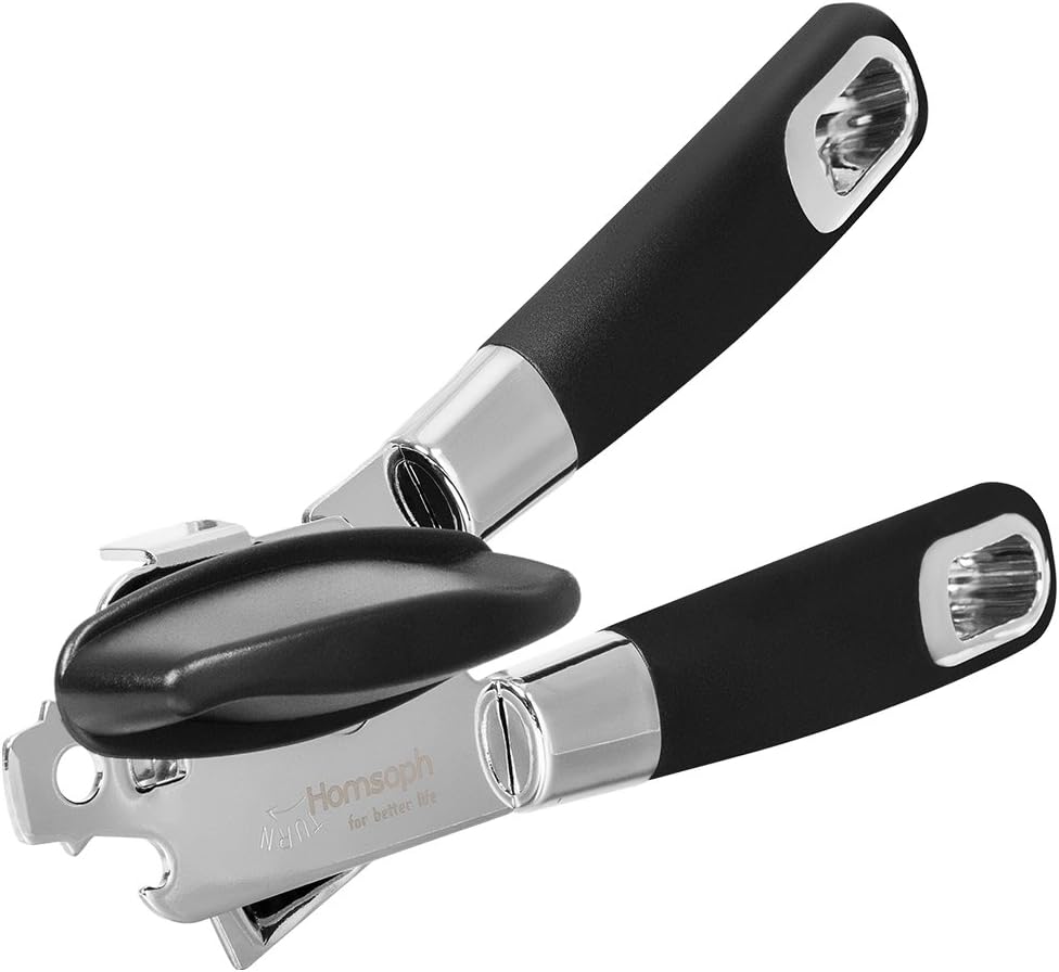 Homsoph Premium Can Opener, Portable Stainless Steel Sharp Blade, Smooth Edge, Gear-Driven Manual Bottle Opener with Soft-Grip Knob and Ergonomic Non-Slip Handles