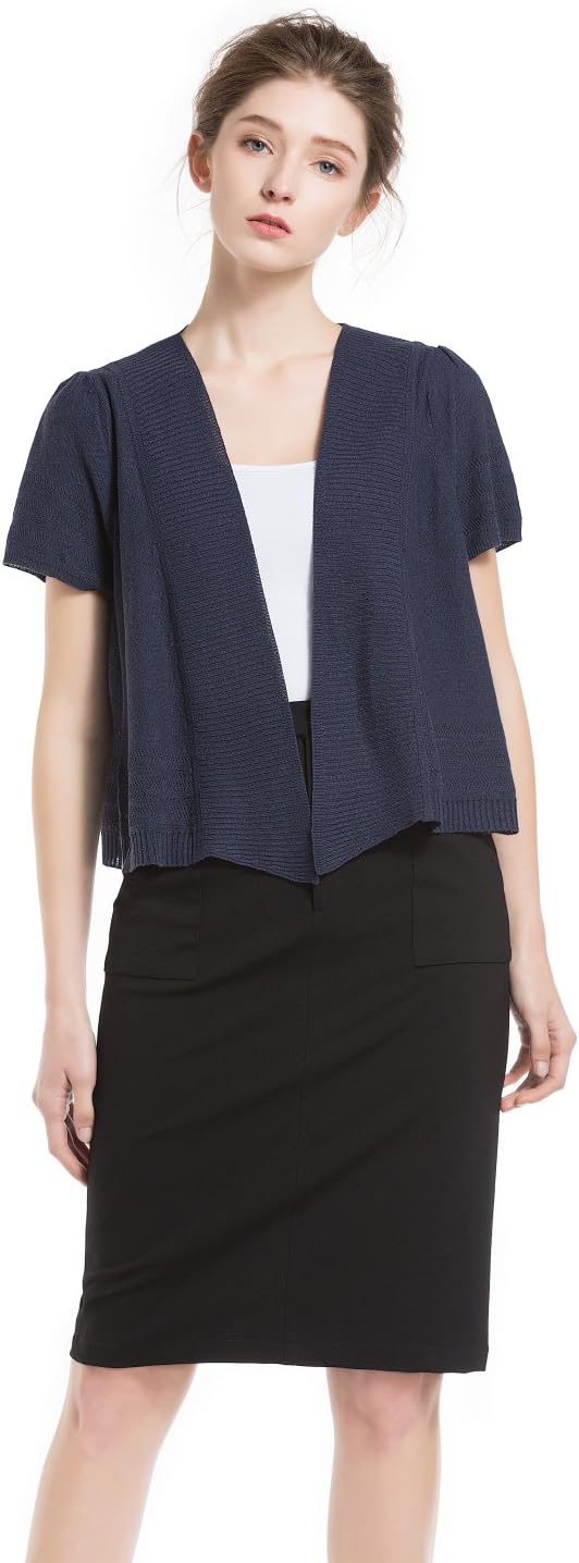 KNITBEST Women’s Short Sleeve Open Front Cardigan Sweater (Medium, Navy)