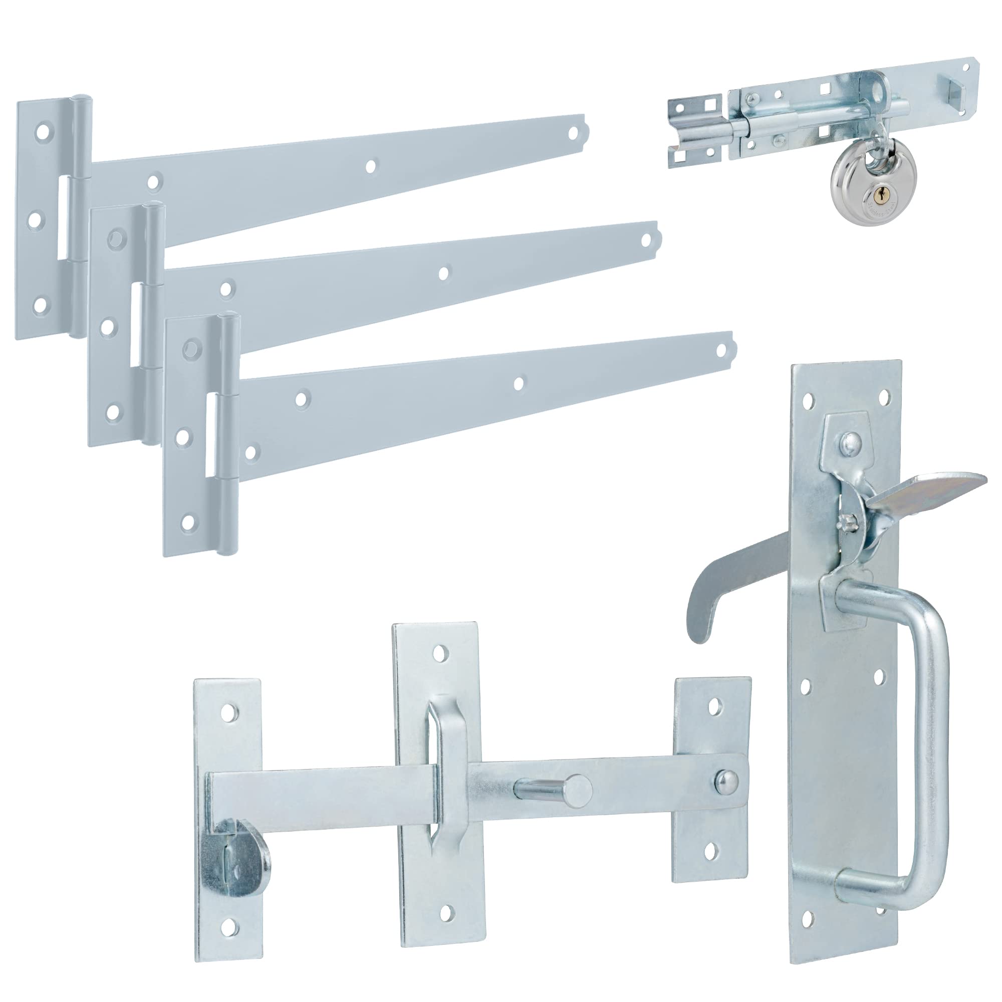 XFORT Premier Suffolk Gate Latch Pack Zinc Complete with Three T Hinges (300mm), One Brenton Bolt (6 inch) and One Discus Padlock (60mm), Gate Kit for Hanging Garden Door, Gate Fitting Kit