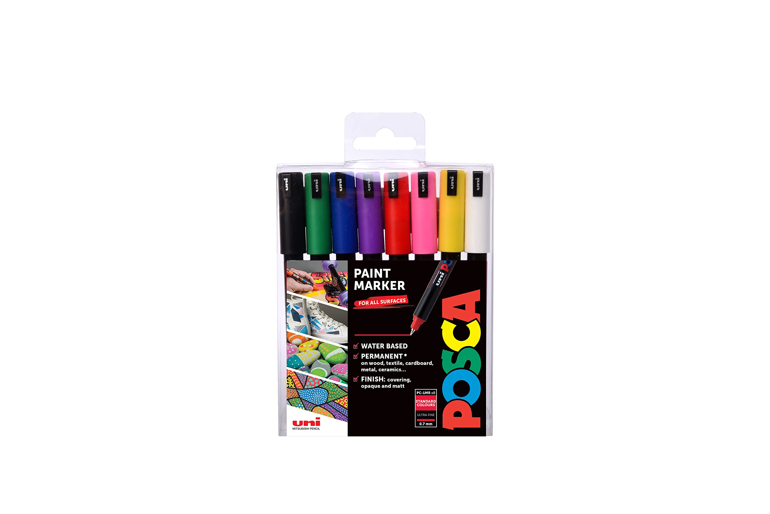Posca PC-1MR Permanent Marker Paint Pens, Ultra Fine Tip, Multi Surface Use On Wood Metal Paper Canvas Cardboard Glass Fabric Ceramic Rock Pebble Porcelain, Set of 8 x 0.7 mm, Standard Colours