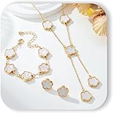 Srazeyo 5 Leaf Flower Jewelry Set Women 5 Leaf Earrings Bracelet Necklace 5 Leaf Clover Plum Blossom Necklace Earrings Three Pieces Ladies Lucky Jewelry Gifts
