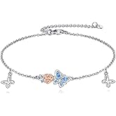 SHINYKEND 925 Sterling Silver Butterfly Bracelet Women, Ocean Blue CZ Butterfly Flower Pendant Bracelet, Fine Jewelry Anniversary Birthday Gift for Wife Mother Daughter, 7+2 Inch