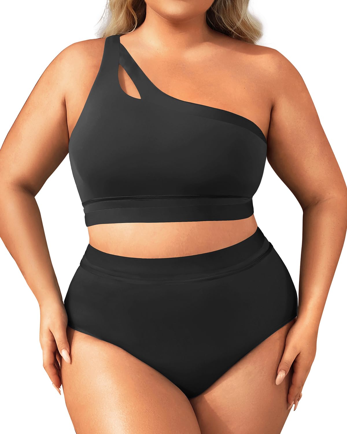 Photo 1 of Aqua Eve Women Plus Size High Waisted Bikini One Shoulder Two Piece Swimsuit Color Block Bathing Suits Black 16W