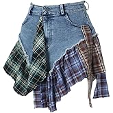 Gothic European and American Women's Clothing, Sexy Irregular Plaid Skirt, Design Sense Patchwork Denim Short Skirt