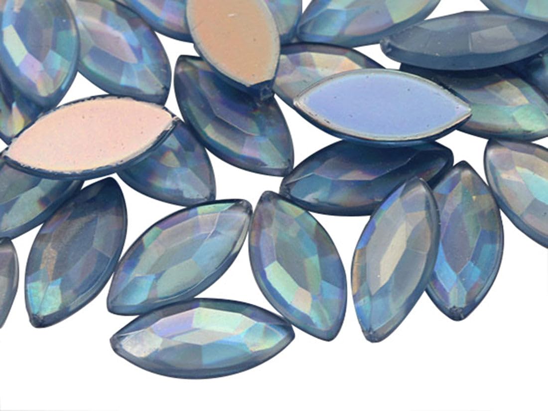 Allstarco 15x7mm Blue Sapphire Lite AB Navette Flat Back Acrylic Rhinestones Marquise Gems for Crafts Horse Eye Costume Embelishments Card Making Jewels Jewelry Making Cosplay Jewels 40 Pieces