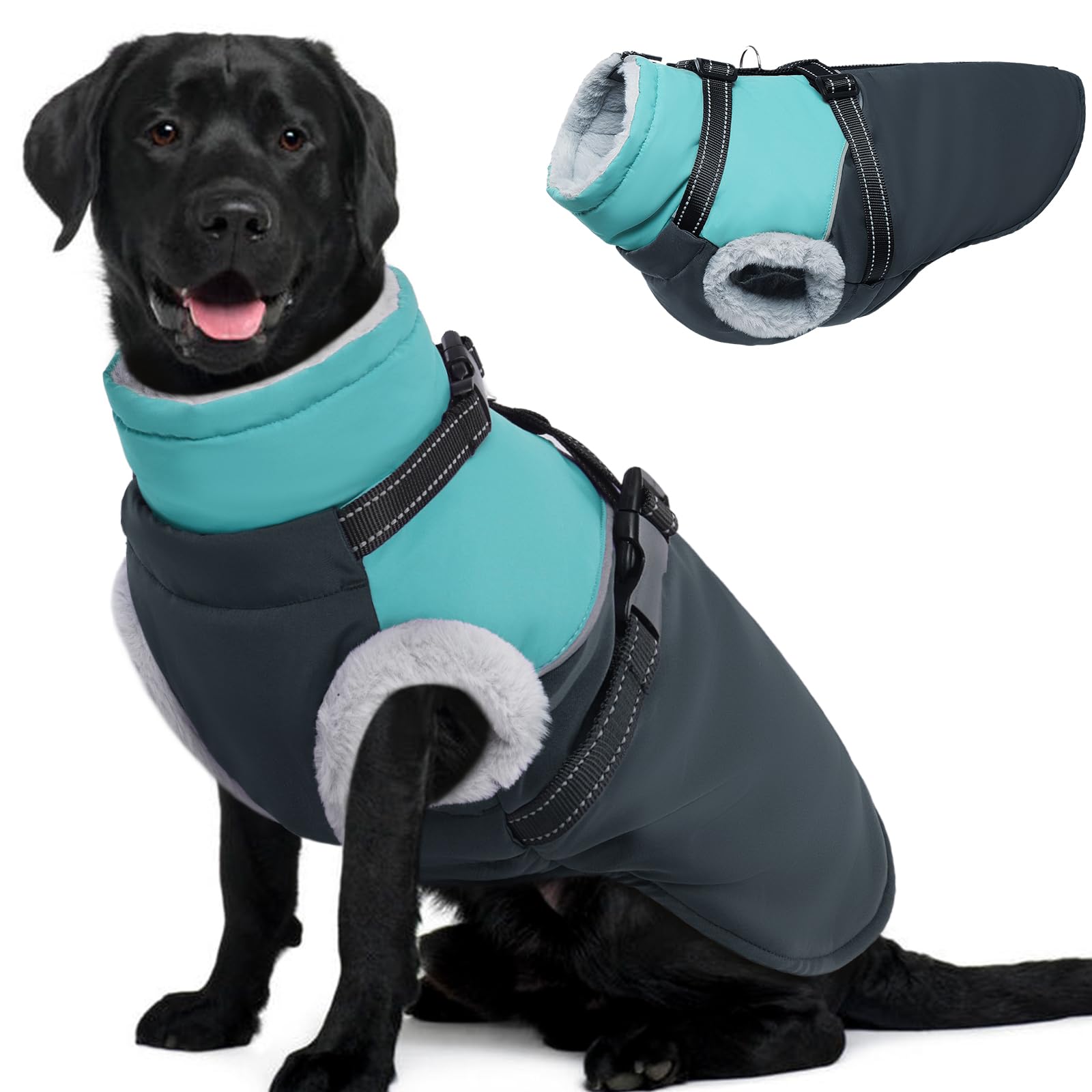 OUOBOB Dog Jacket - Large Dog Coat with Built-in Harness, Warm, Waterproof & Windproof Zipper, Fleece Lined Puffer for Snow
