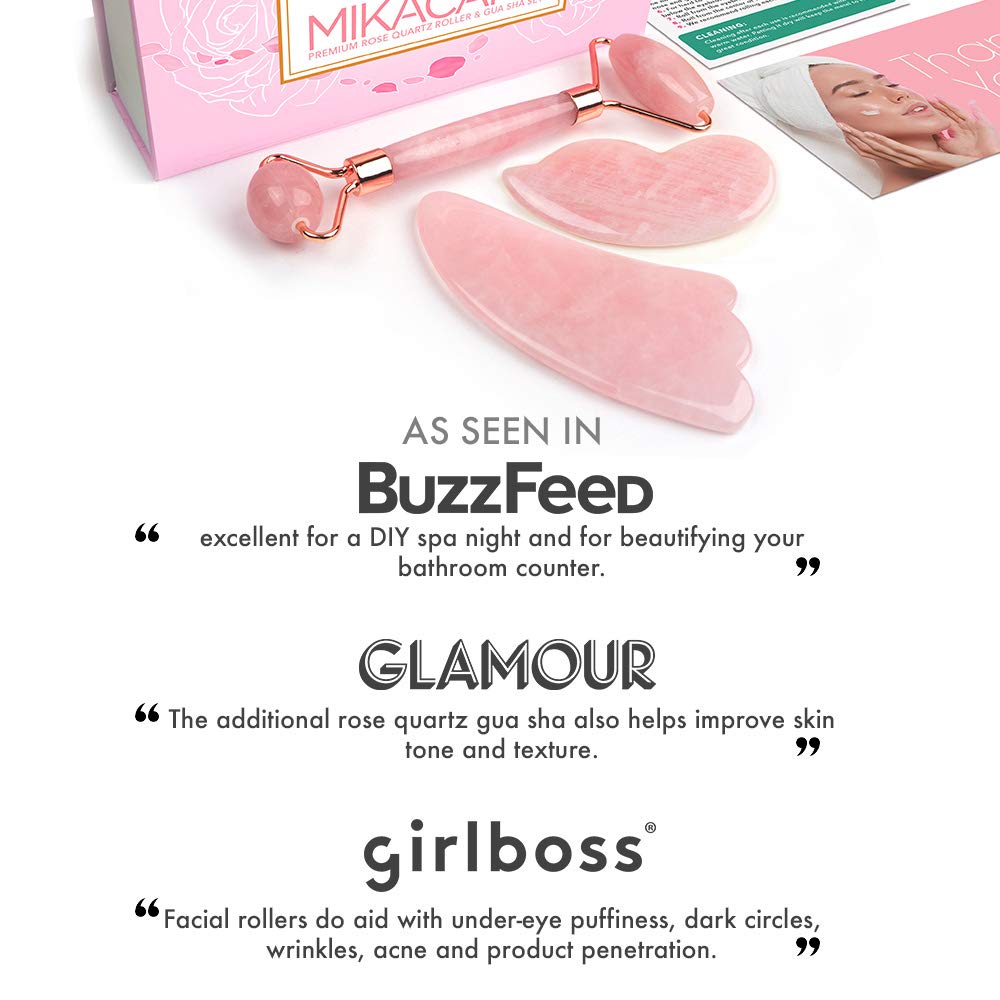 Jade Roller - Rose Quartz Roller and Gua Sha set - Anti Aging Facial Roller - Face Massager - Real Rose Quartz Scraping Tool for Slimming, Firming, Removes Wrinkles : Beauty