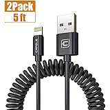 Coiled Lightning Cable, CAFELE 2 Pack Retractable USB Cable iPhone Powerline Portable Flexible Data Sync Charge Cable Charging Cord Car Charger for Apple iPhone X 8 7 6 6s Plus iPad - Black, 5ft