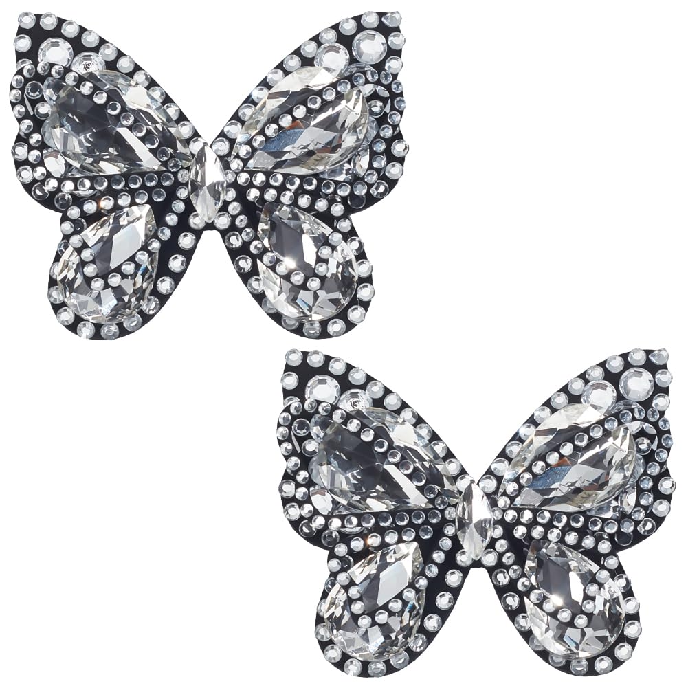 WEBEEDY 3D Crystal Butterfly Applique Beaded Patches 2pcs Sew on Appliques Embellishments Insect Rhinestone Embroidered Patches for Hat Backpack Jackets Jeans Clothing Repair Costume