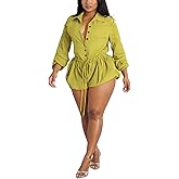 Unybwonn Women's Cargo Rompers Long Sleeve One Piece Bubble Short Jumpsuit Casual Ruched Drawstring Overalls Romper