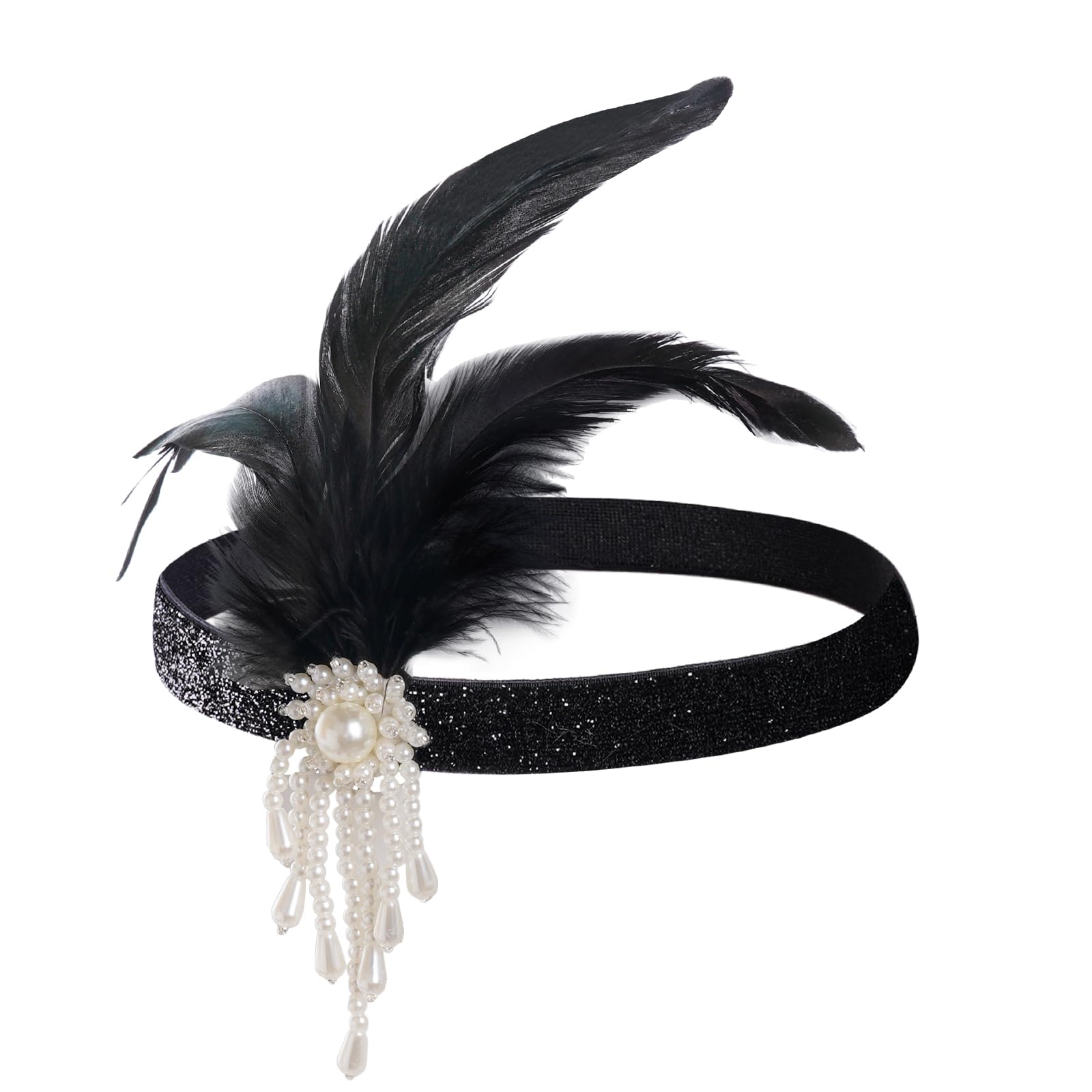 Photo 1 of 1 Pcs 1920s Flapper Headpiece Black Feather Headband Roaring 20s Gatsby Hair Accessories (White)