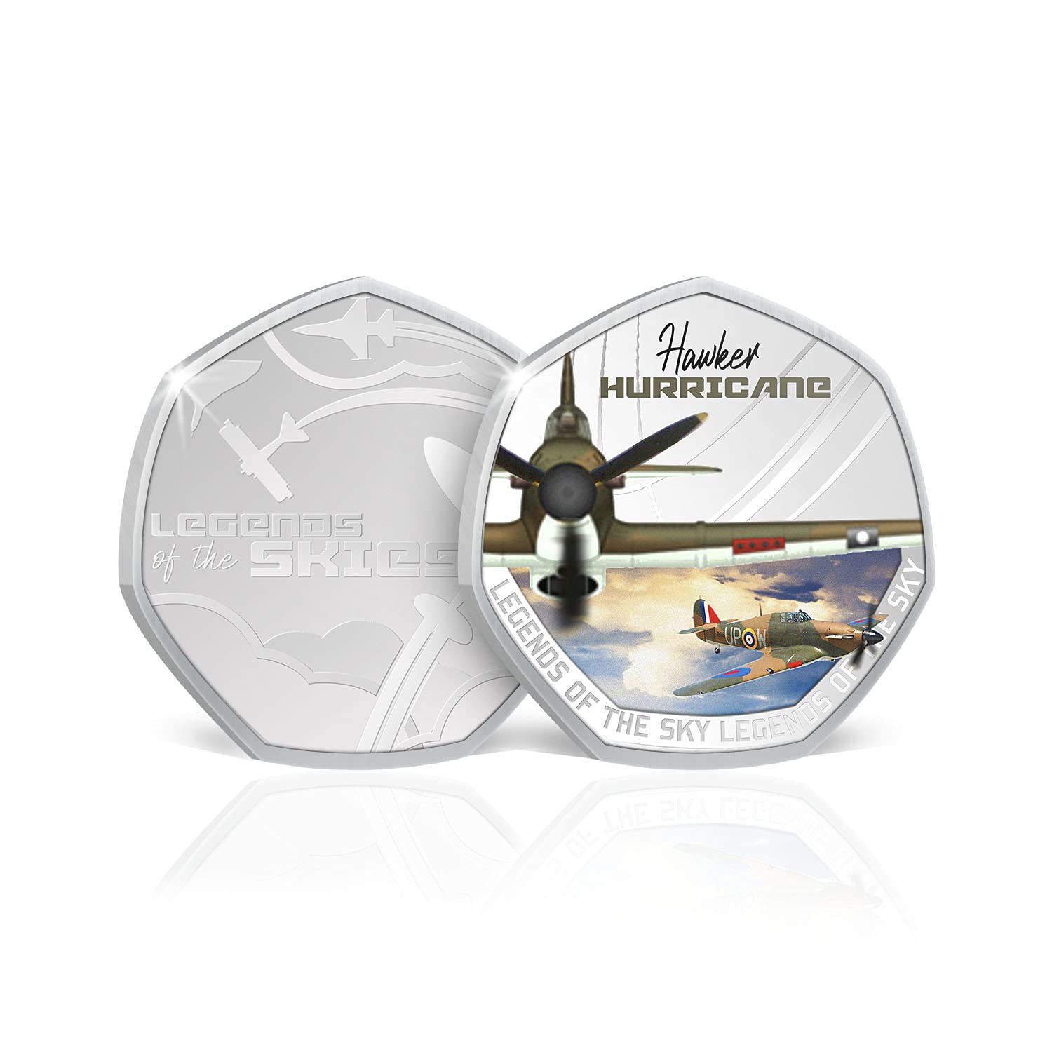RAF Memorabilia Legends of the Skies 50p Shaped Collection Silver Fifty Pence Coin Medal (Combat Edition) - Hawker Hurricane