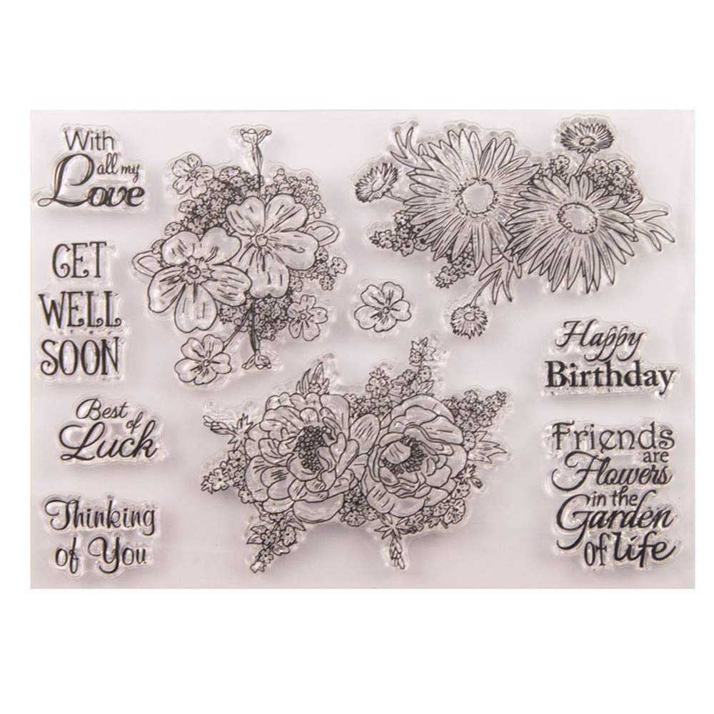 arriettycraft Happy Birthday Friends Get Well Soon with Love Flowers Greetings Clear Stamps for Christmas Cards Making Decoration and Scrapbooking Rubber Stamps for Craft