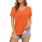 Amoretu Womens Tshirts V Neck Short Sleeve Tops Tee Solid Color Blouse