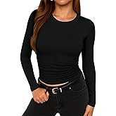 ForeFair Womens Long Sleeve Shirts Ruched Basic Going Out Tops Crew Neck Fall Winter Tee Casual Clothes