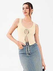 REORIA U-Neck Adjustable Tie-Front Crop Tank Top