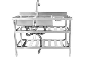 QIANKUN Qian Kun Free Standing 304 Stainless Steel Utility Sink with Pull Down Sprayer & Drain Pipe | NSF Certified Outdoor/Commercial Kitchen Sink (47.2 Doble Bowl Right)