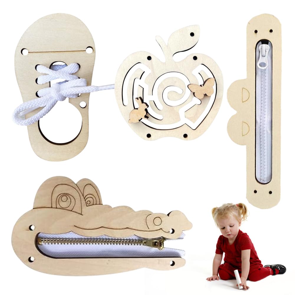 4-in-1 Wooden Montessori Busy Board for Toddlers - Sensory Activity Board Game with Handmade Accessories for Boys & Girls Aged 1-4