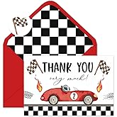 Whaline 24 Pack Race Car Thank You Cards Red Racing Theme Note Card with Envelopes Stickers Black White Plaid Greeting Blank Card for Birthday Baby Shower