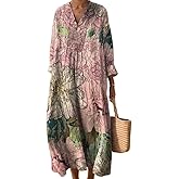 Akivide Women's Oversized Smocked Long Sleeve Boho Dress Spring Summer Casual Floral Print V Neck Maxi Dresses for Women