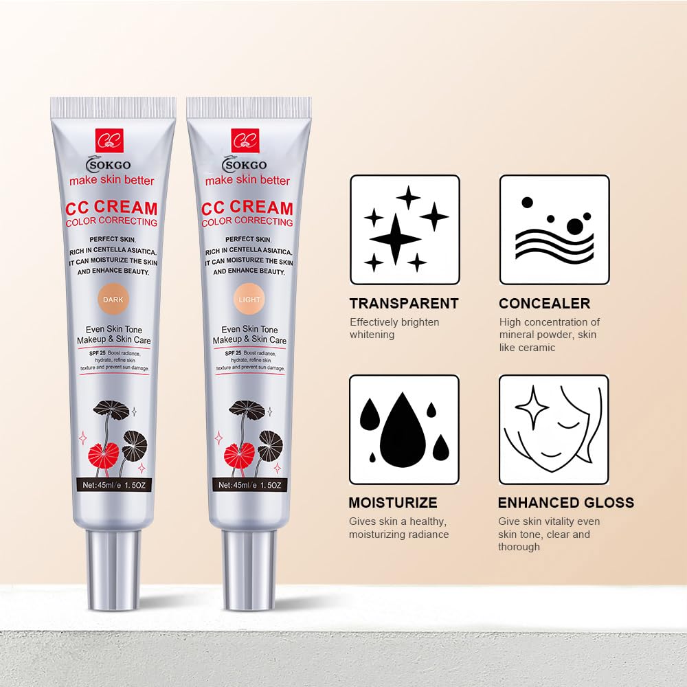 Fovcos Color Correcting CC Cream with SPF 25, Coverage Lightweight Foundation, Hydrating Serum, Even Skin Tone Makeup and Skin Care, Boost Radiance, Refine Skin Texture, Avoid Sun Damage (LightLight, 1PCS)