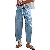 LifeShe Women's Wide Leg Baggy Jeans Elastic Waist Barrel Jeans Trendy Loose Drawstring Ankle Denim Pants