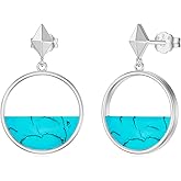 Genuine Turquoise Dangle Earrings for Women, Sterling Silver Gold Trendy Boho Minimalist Round Earrings Jewelry Birthdays Gift